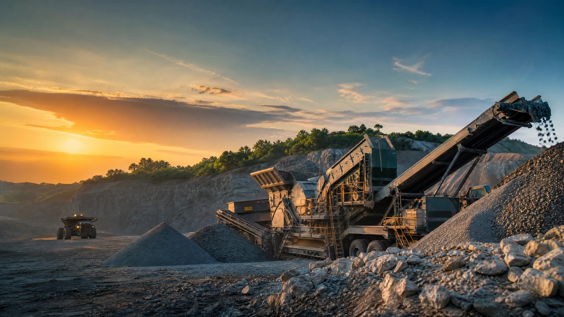 Mineral processing machinery crushing and screening solid minerals at an open-pit operation